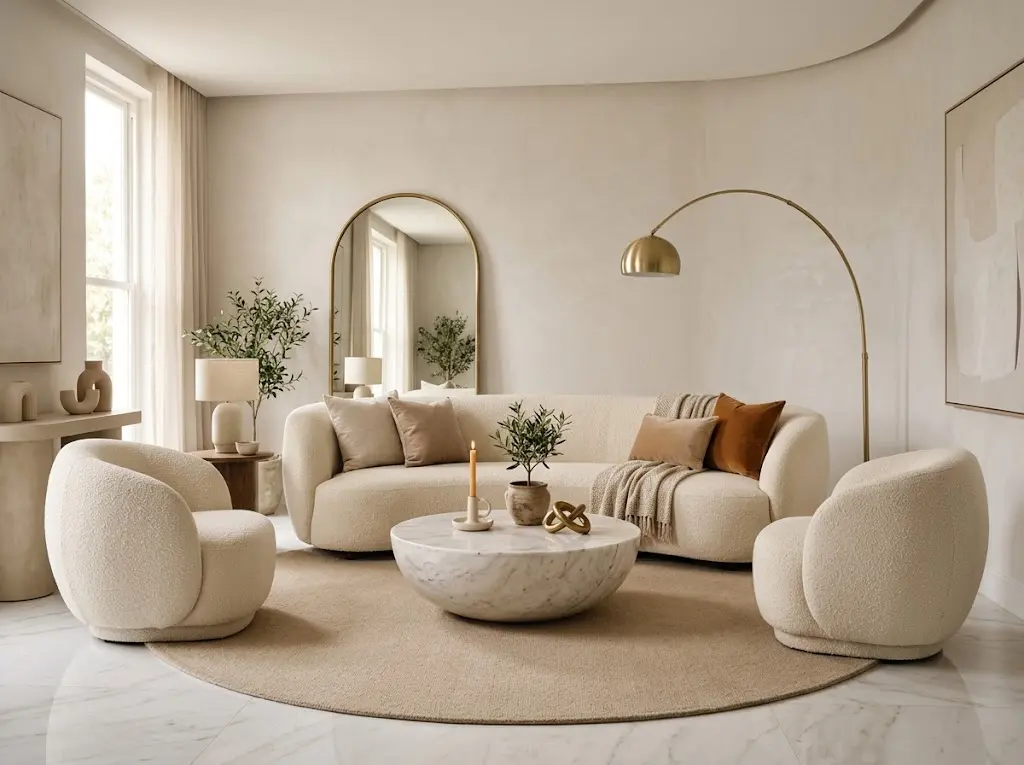 Modern luxury curved furniture drawing room with bouclé sofa accent chairs round marble coffee table arched floor mirror and warm natural light.