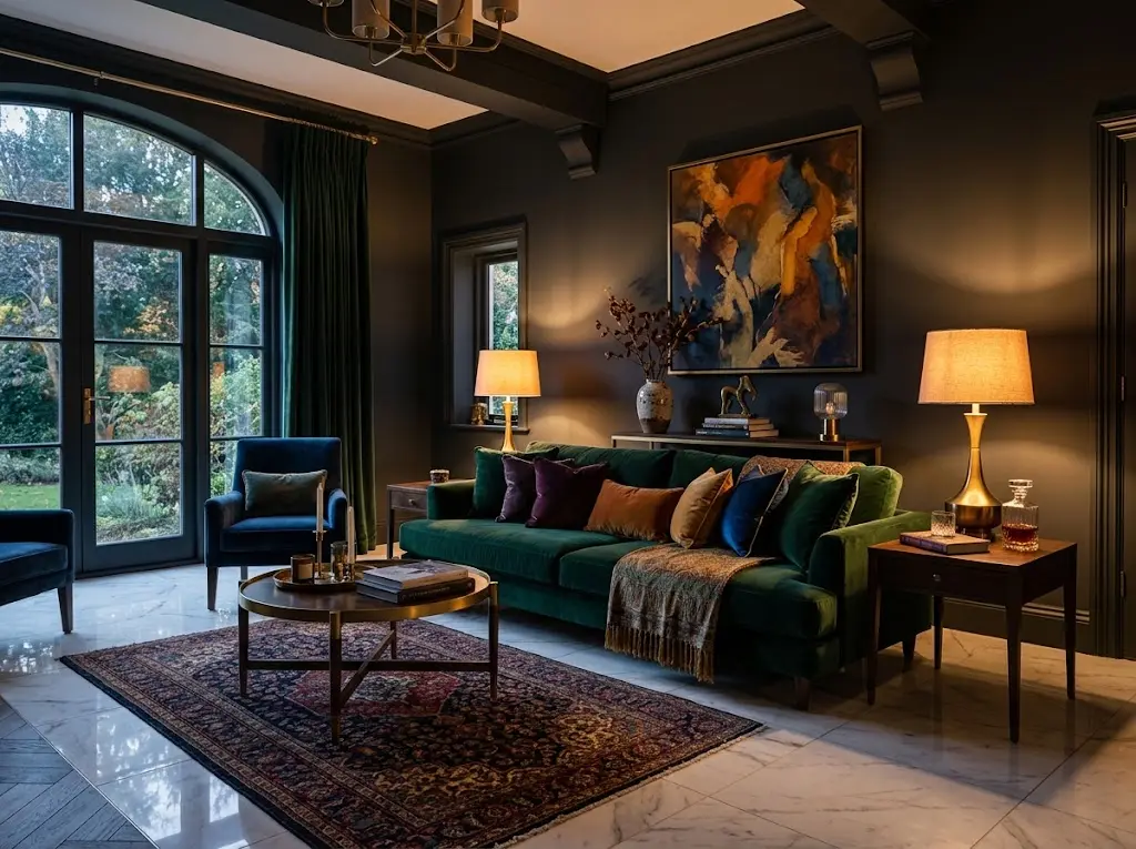 Deeply atmospheric luxury drawing room with dark charcoal walls jewel velvet sofa brass lamp pools of warm light and layered rich textures.