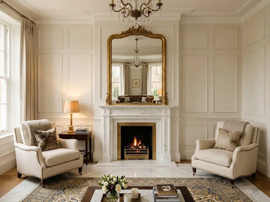 Classic luxury drawing room with crisp wall panels marble fireplace ornate gold mirror cream armchairs brass lamps and warm herringbone floors.