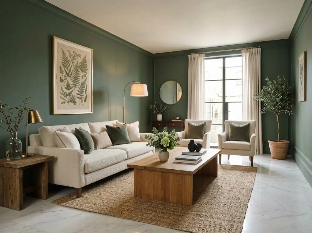 Modern luxury sage green drawing room with rich walls cream textured sofa brass floor lamp large botanical artwork and warm wood floors.