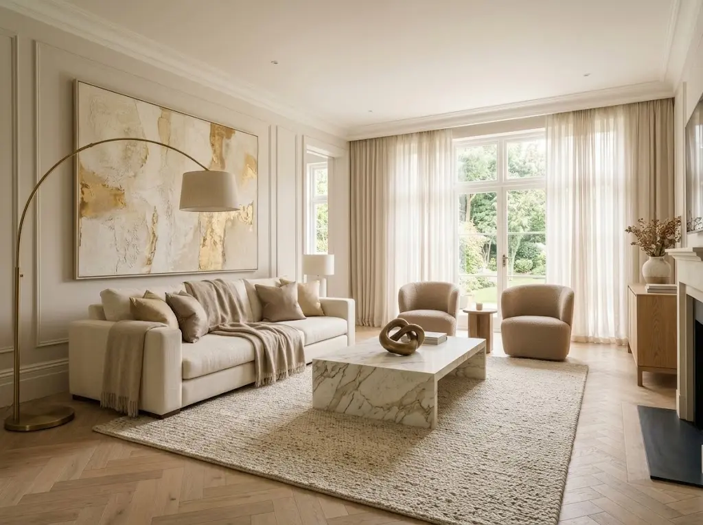 Luxury neutral drawing room with layered warm neutrals marble coffee table brass arc lamp floor to ceiling sheer curtains and warm abstract artwork.