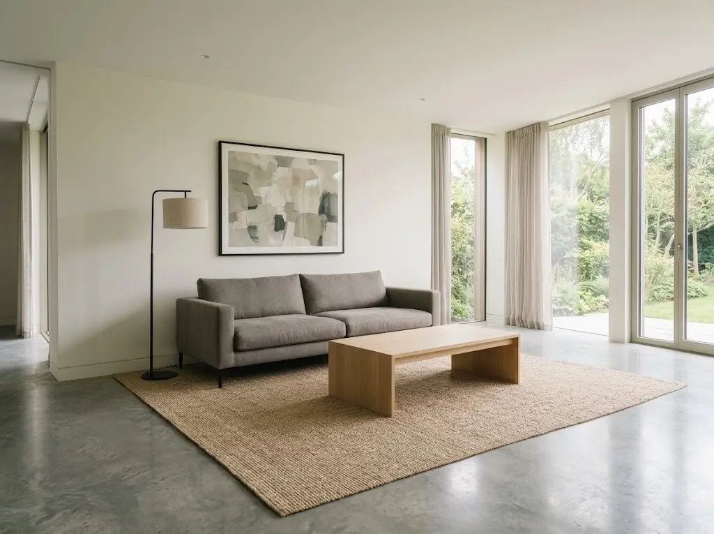 Modern luxury minimalist drawing room with deep grey linen sofa stone coffee table large scale artwork brass lamp and floor to ceiling window light.