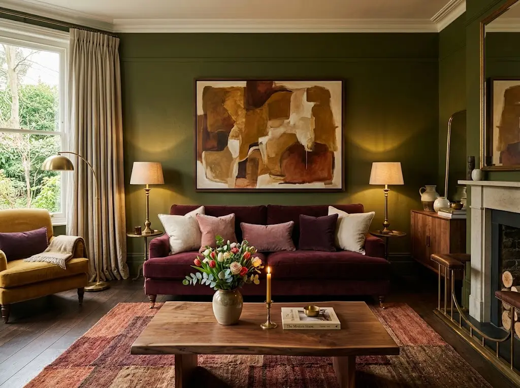 Rich modern luxury drawing room with deep olive green walls burgundy velvet sofa antique brass lamps earth tone artwork and layered warm rug.