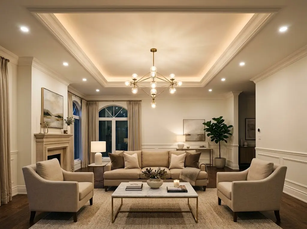 Modern luxury drawing room with tray ceiling recessed halo lighting statement pendant marble coffee table and full elegant room below in warm light.