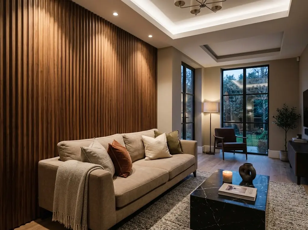 Modern luxury drawing room with floor to ceiling fluted walnut wall catching directional spotlights deep beige sofa dark marble coffee table.