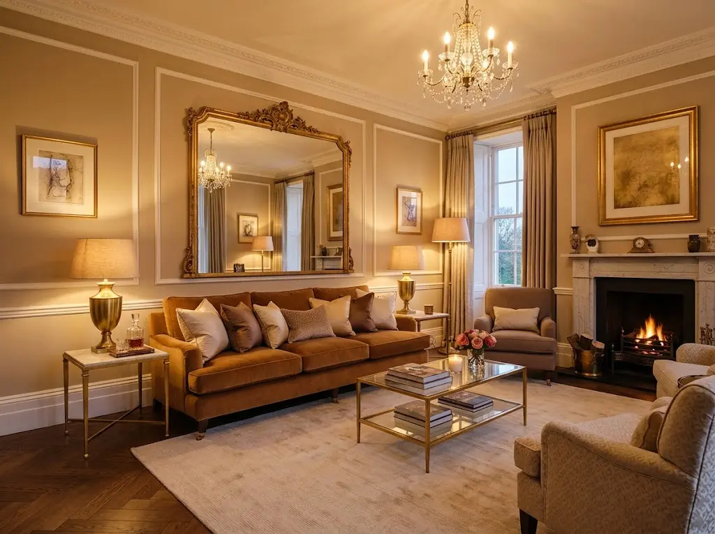 Warm luxury drawing room glowing in layered brass light with caramel sofa silk cushions large gold mirror marble side table and cream textured rug.
