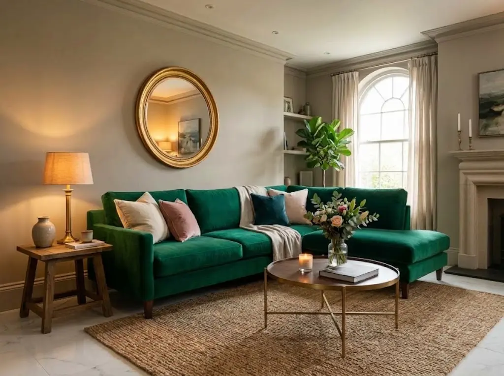 Modern luxury drawing room with commanding emerald velvet sofa warm greige walls brass coffee table round gold mirror and layered warm light.
