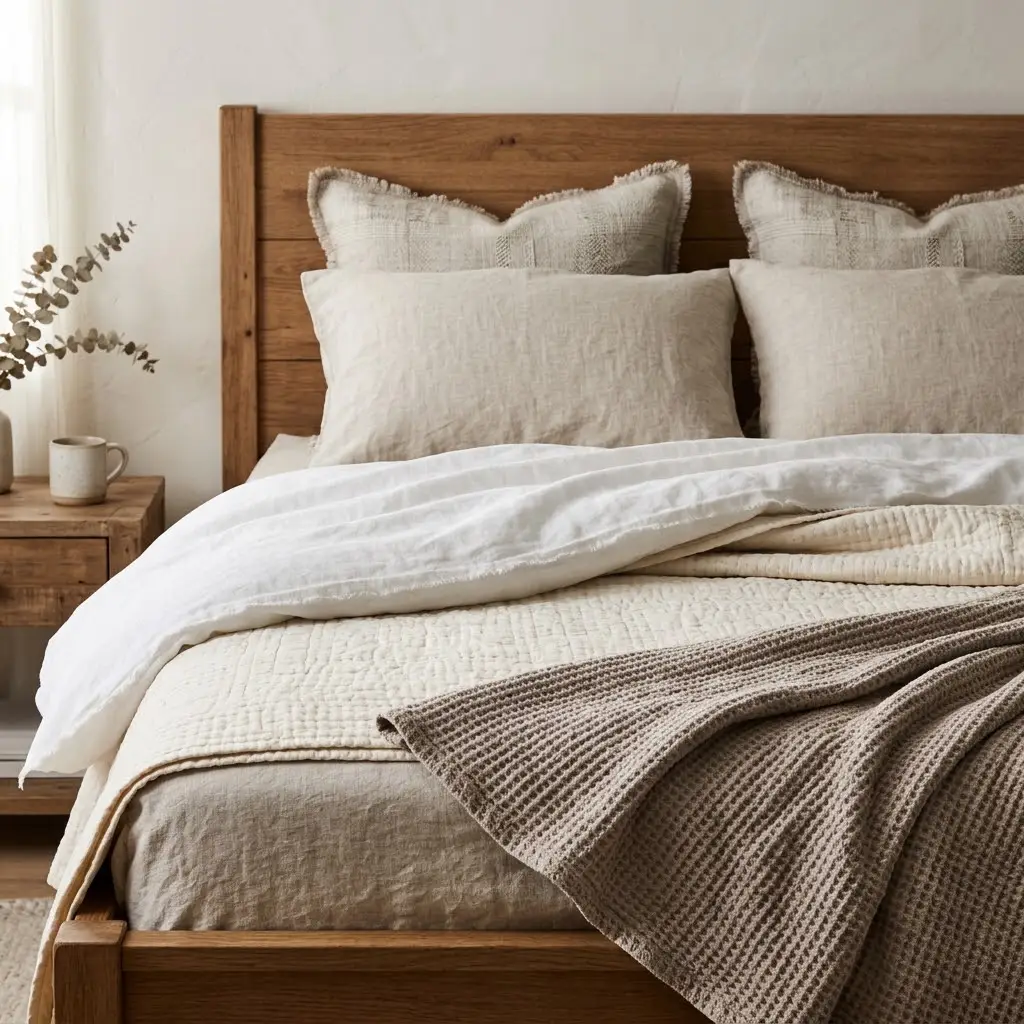 Farmhouse bedroom decor ideas featuring soft linen bedding layered in warm neutral shades for a cozy, inviting bed.