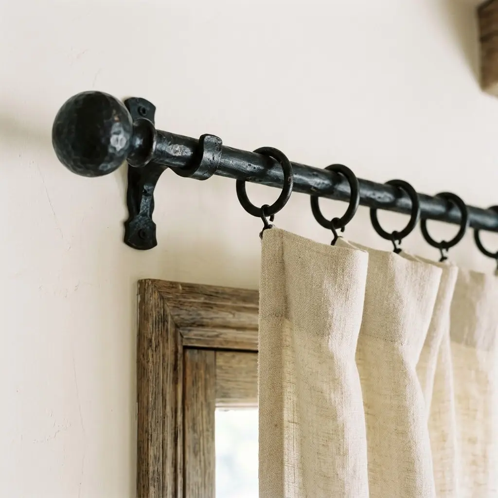 Farmhouse bedroom decor ideas featuring a black iron curtain rod and understated aged-metal accents against soft neutral walls.