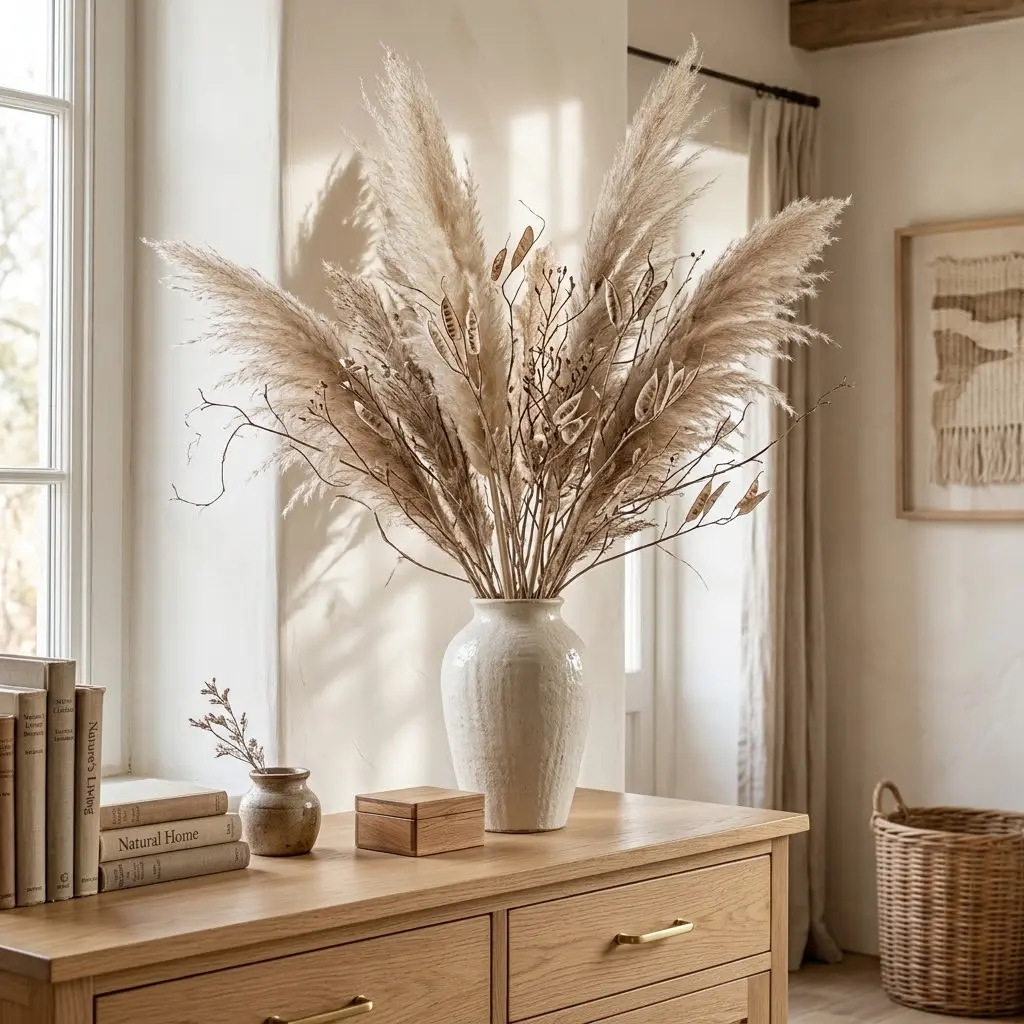 Farmhouse bedroom decor ideas with dried botanical stems in a simple vase for a natural, understated bedroom accent.