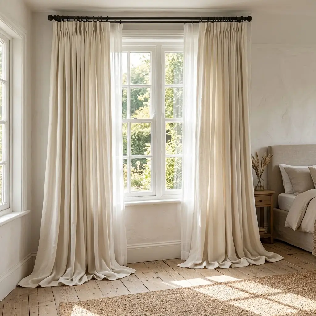 Farmhouse bedroom decor ideas featuring long, soft linen curtains that gently pool on the floor beside the window.