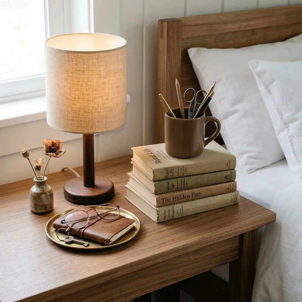 Farmhouse bedroom decor ideas with a personal bedside table styled with books, a handmade ceramic mug, and a linen-shade lamp.