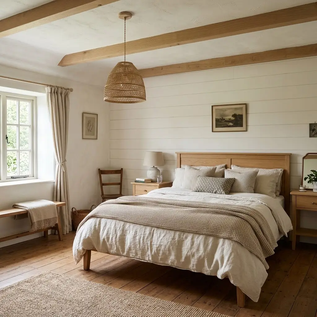 Farmhouse bedroom decor ideas featuring a proportionate woven rattan pendant light above a softly styled bed.