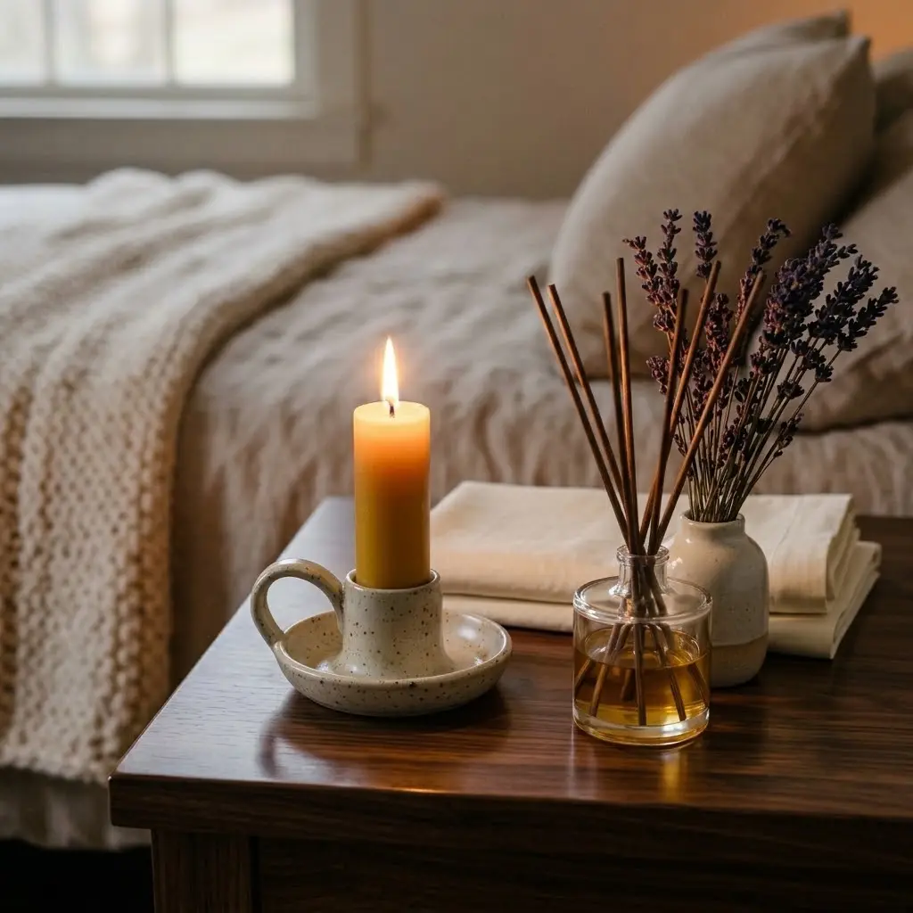 Farmhouse bedroom decor ideas with a glowing beeswax candle, a subtle diffuser, and dried lavender for a warm bedside atmosphere.