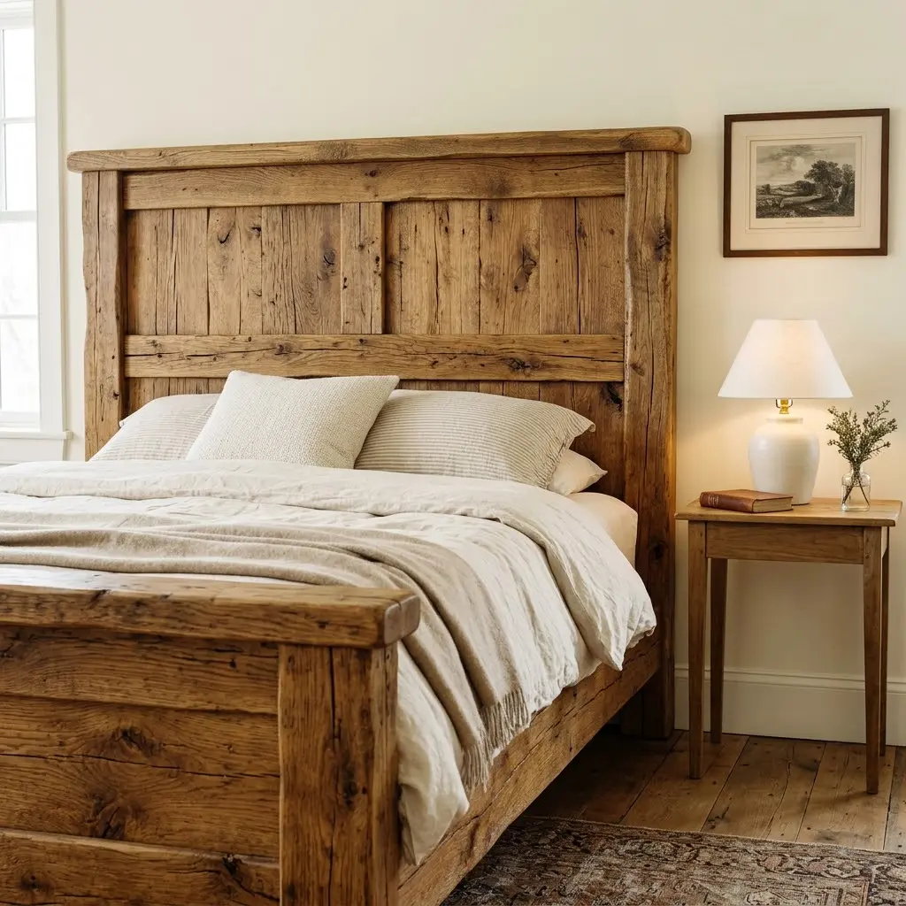 Farmhouse bedroom decor ideas with reclaimed wood furniture showing natural weathered grain and rustic character.