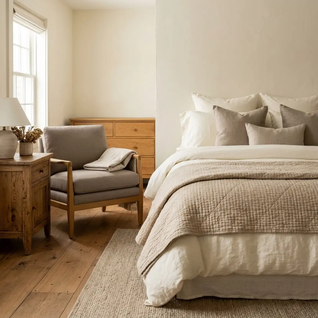 Farmhouse bedroom decor ideas using a warm neutral palette of cream, beige, oatmeal, and soft natural wood.