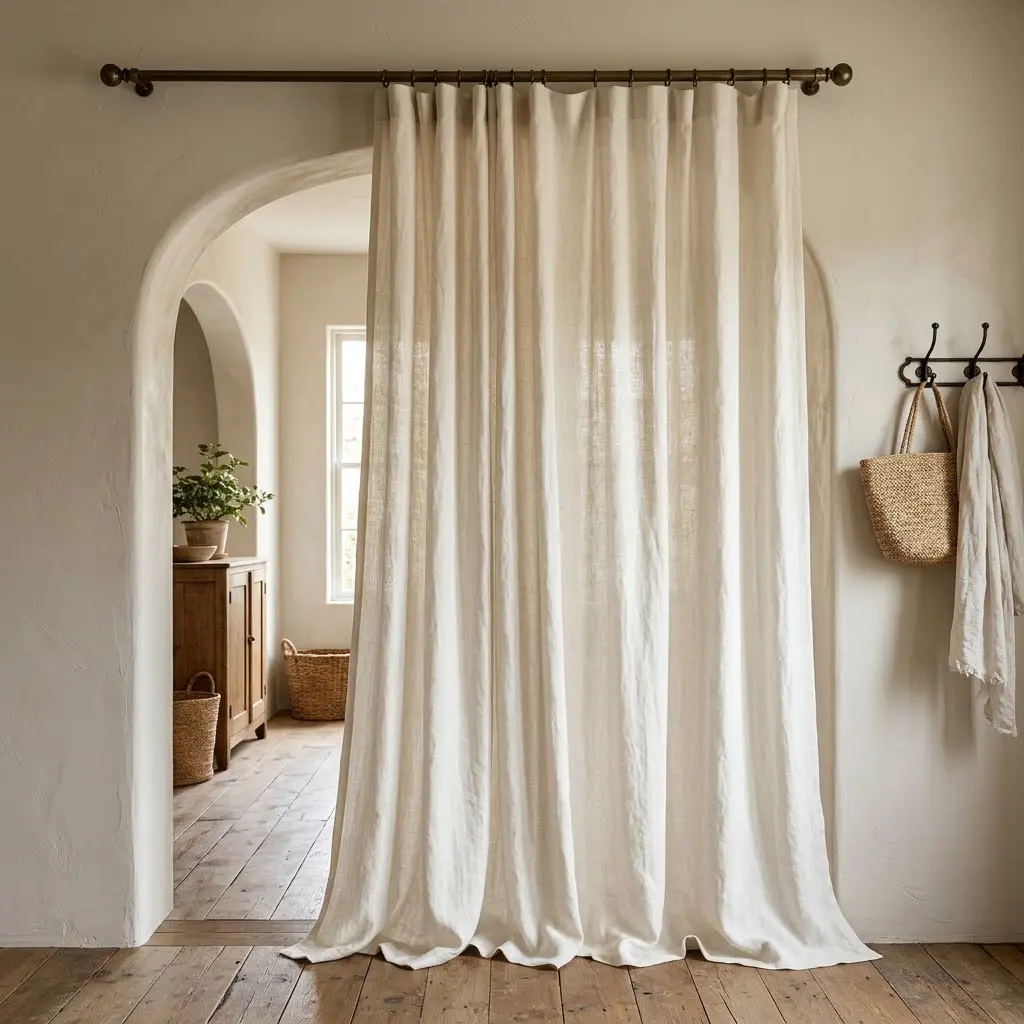 Farmhouse bedroom decor ideas featuring a relaxed linen curtain panel in a doorway for a softer alternative to a barn door.