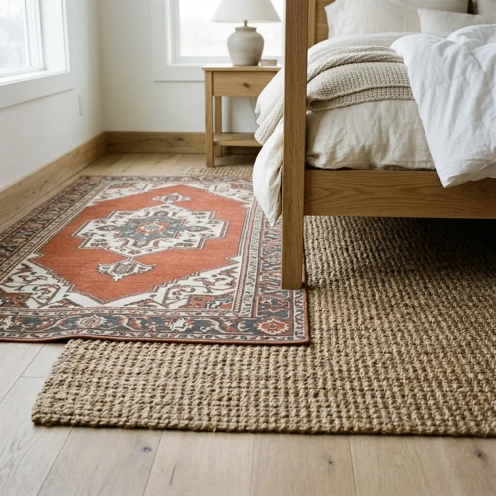 Farmhouse bedroom decor ideas with a natural jute rug layered beneath a vintage-style patterned rug for added warmth and texture.