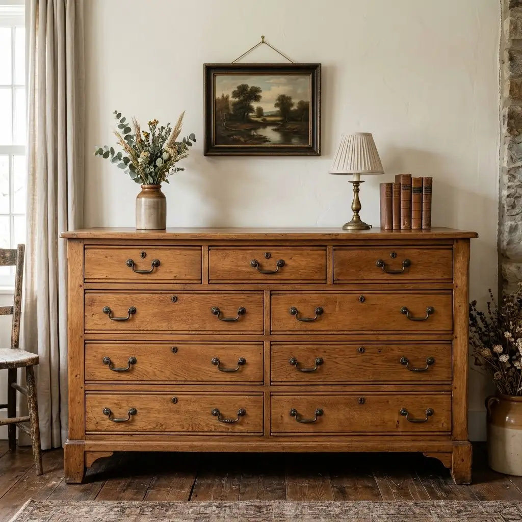 Farmhouse bedroom decor ideas featuring an antique wooden dresser with aged brass handles and a simple ceramic vase.