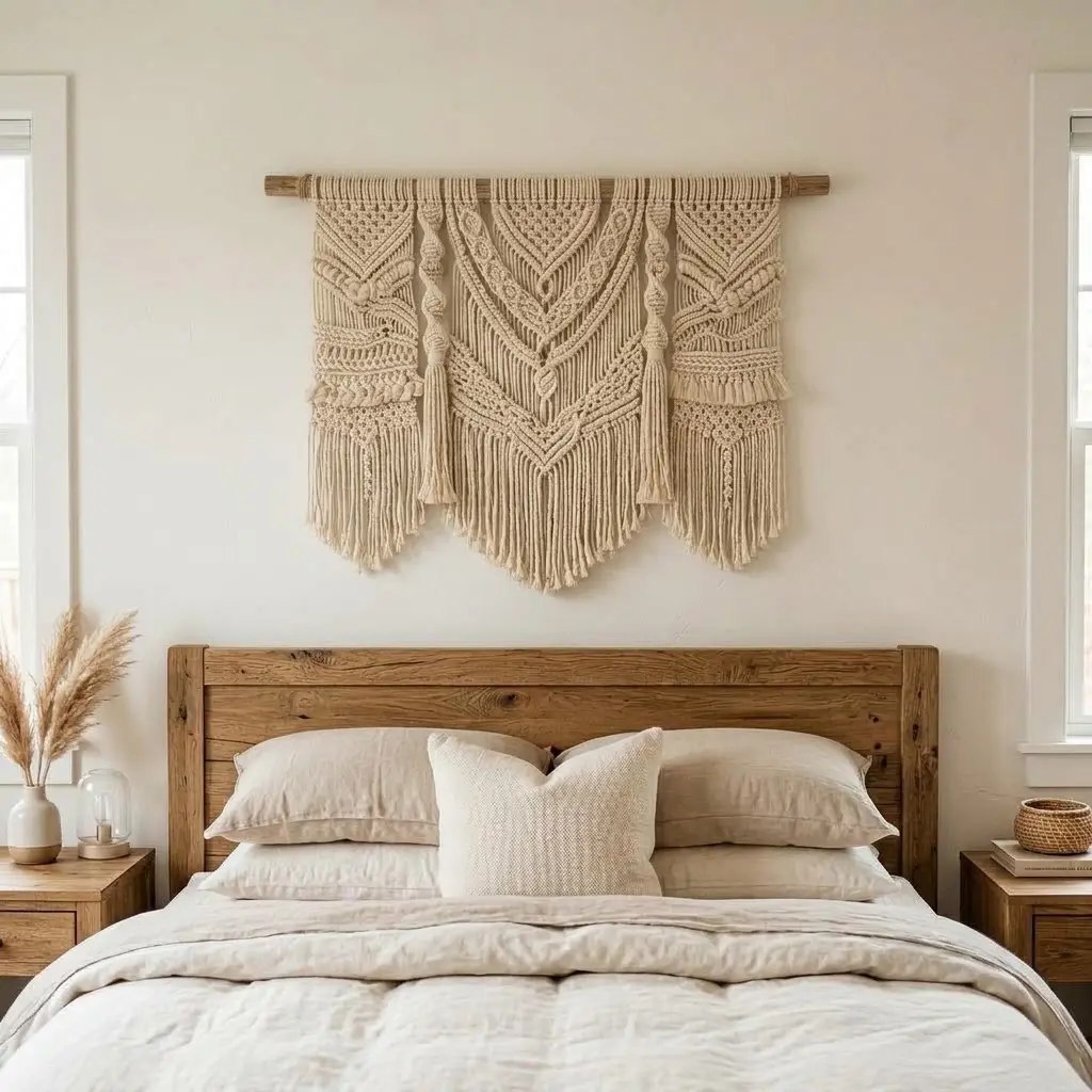 Farmhouse bedroom decor ideas with handmade woven wall art displayed above the bed for a personal, textured finish.