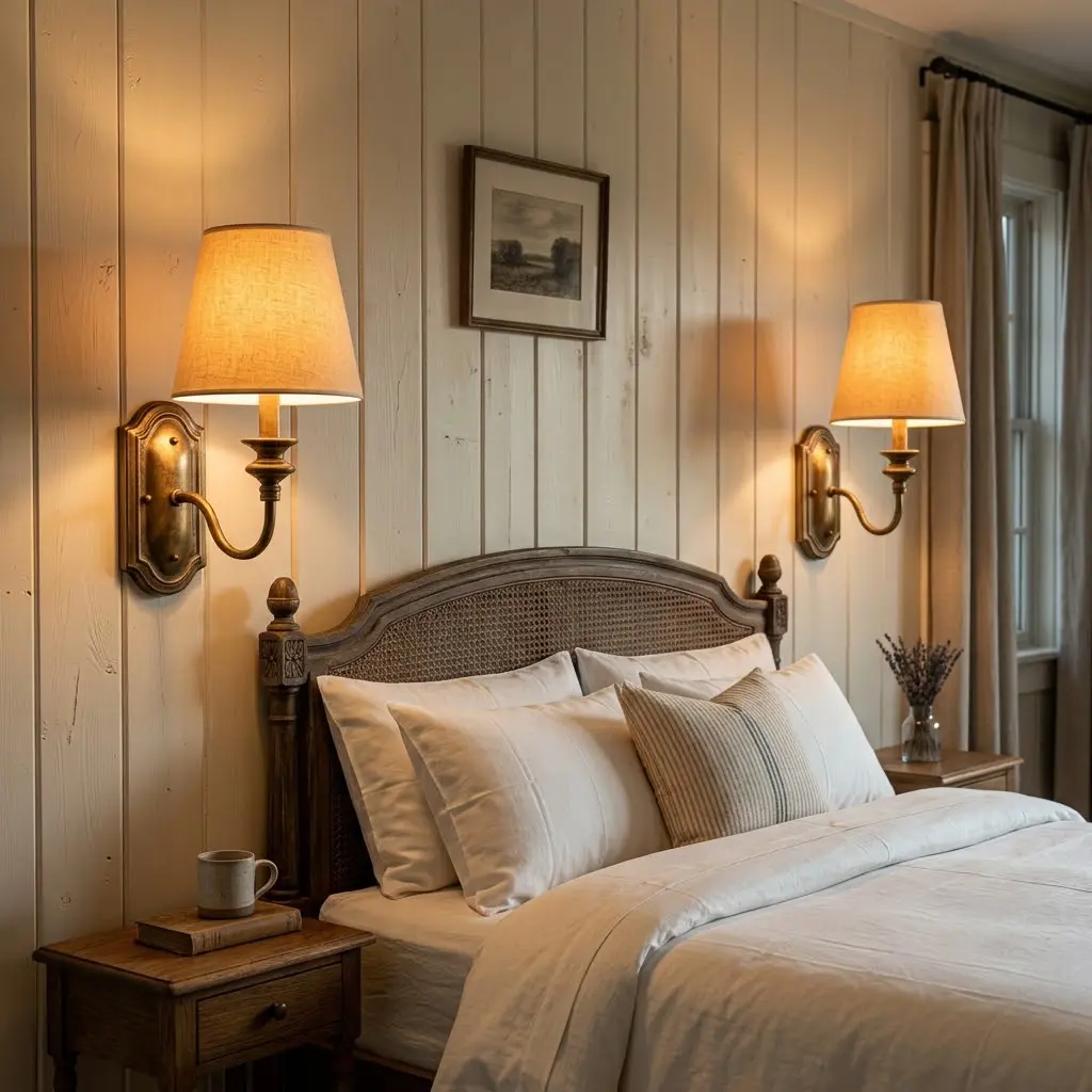 Farmhouse bedroom decor ideas featuring warm, old-fashioned lighting with a vintage-style bedside lamp and soft golden glow.