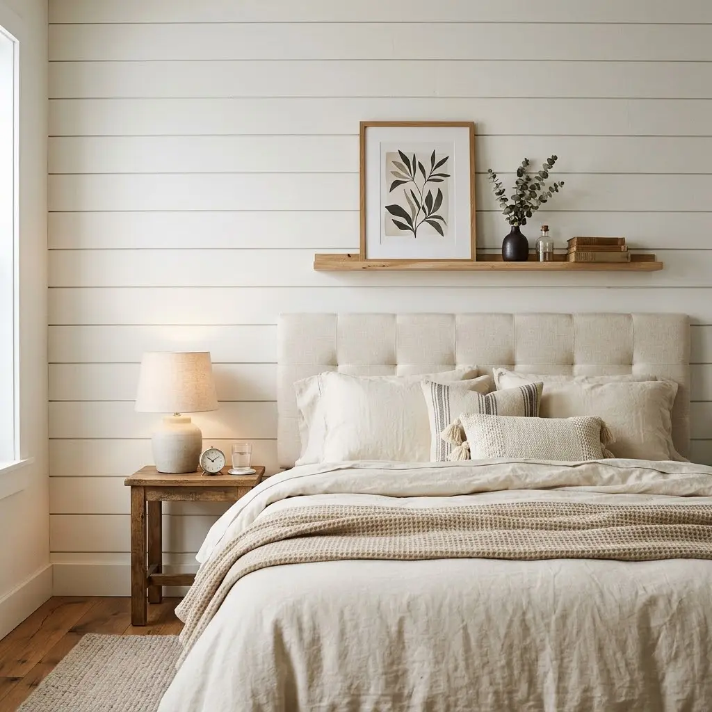 Farmhouse bedroom decor ideas with a restrained white shiplap accent wall behind the bed and natural linen bedding.