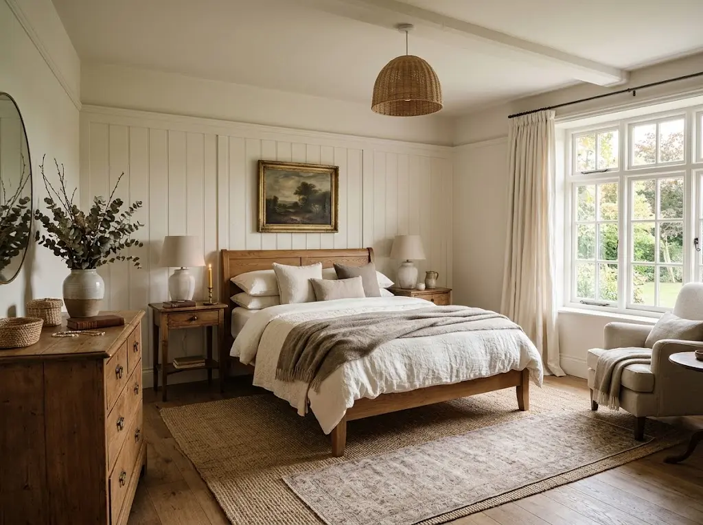 Farmhouse bedroom decor ideas featuring a beautifully layered bed with soft linen bedding, weathered wood furniture, warm neutral colors, natural textures, and cozy farmhouse accents.