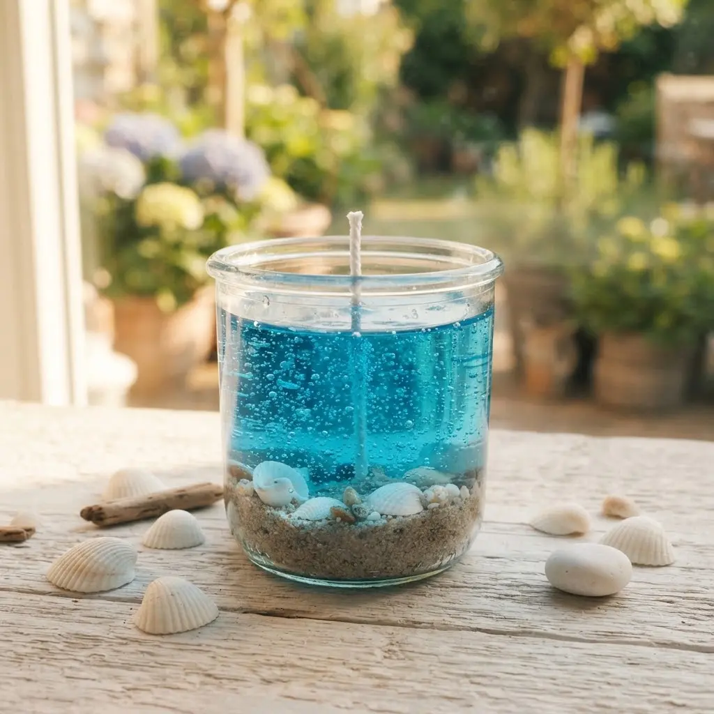 Ocean beach gel candle idea in a clear tumbler with blue bubbly wax, sand, and shells on a wooden surface.
