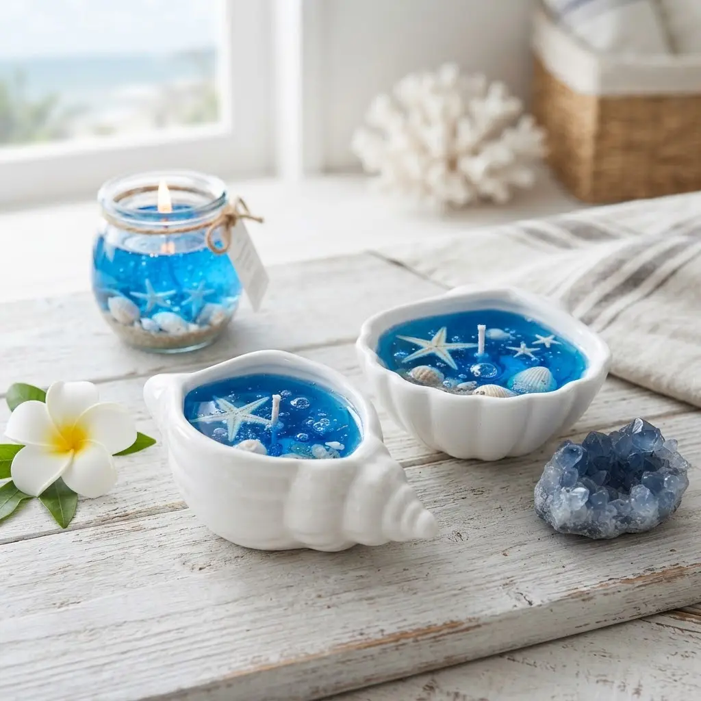 Shell bowl gel candles in two white ceramic shell bowls with blue wax and starfish embeds on a white surface.