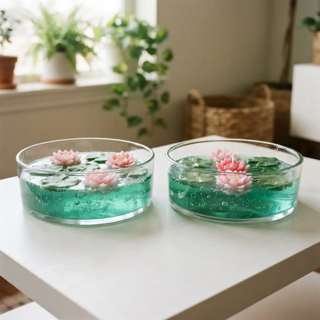 Lotus and lily pad gel candles in two round glass bowls with teal wax and pink lotus embed.