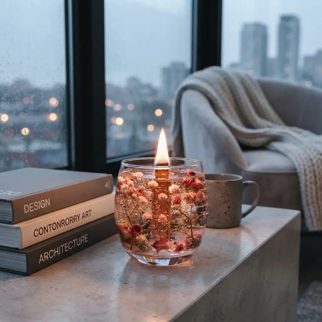 Clear floral gel candle with dried flowers and wooden wick burning in a round glass on a wooden surface at dusk.