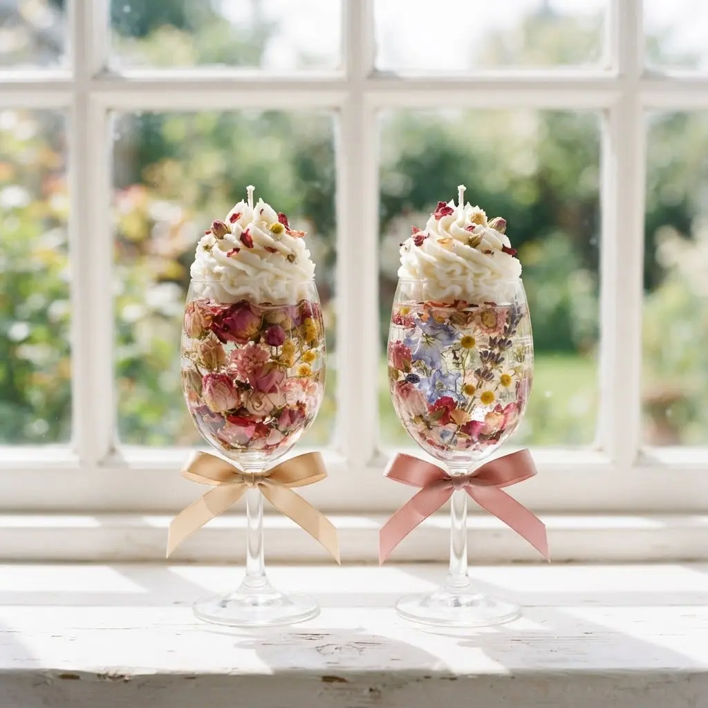 Two wine glass bloom gel candles with whipped wax tops and ribbon bows in sunlit window styling on a white surface.