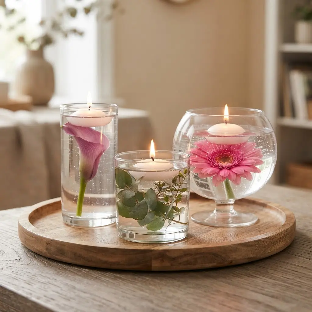 Floating flower submerged gel candles in three different glass vessels with flowers and live flames on a wooden tray.