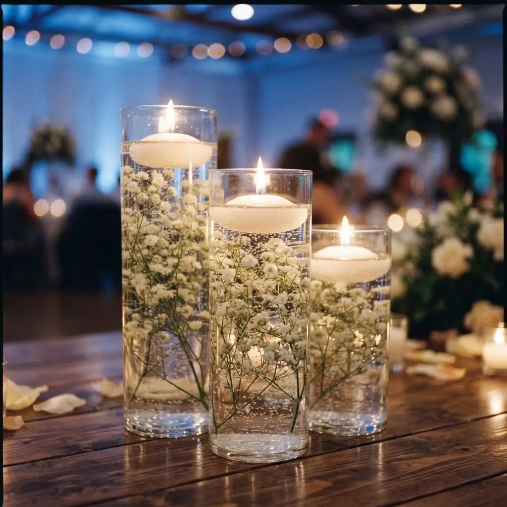 Baby’s breath tall cylinder gel candle trio with floating candles and live flames as a centerpiece display.