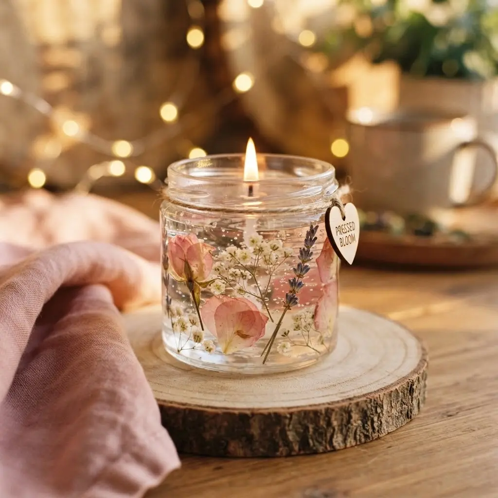 Pressed floral gel candle with flat dried pressed flowers visible through the glass jar sides on a wooden slice.
