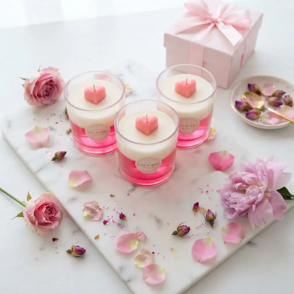Pink heart layer as one of the gel candle ideas with two-tone pink and white wax and heart embed on a marble surface.