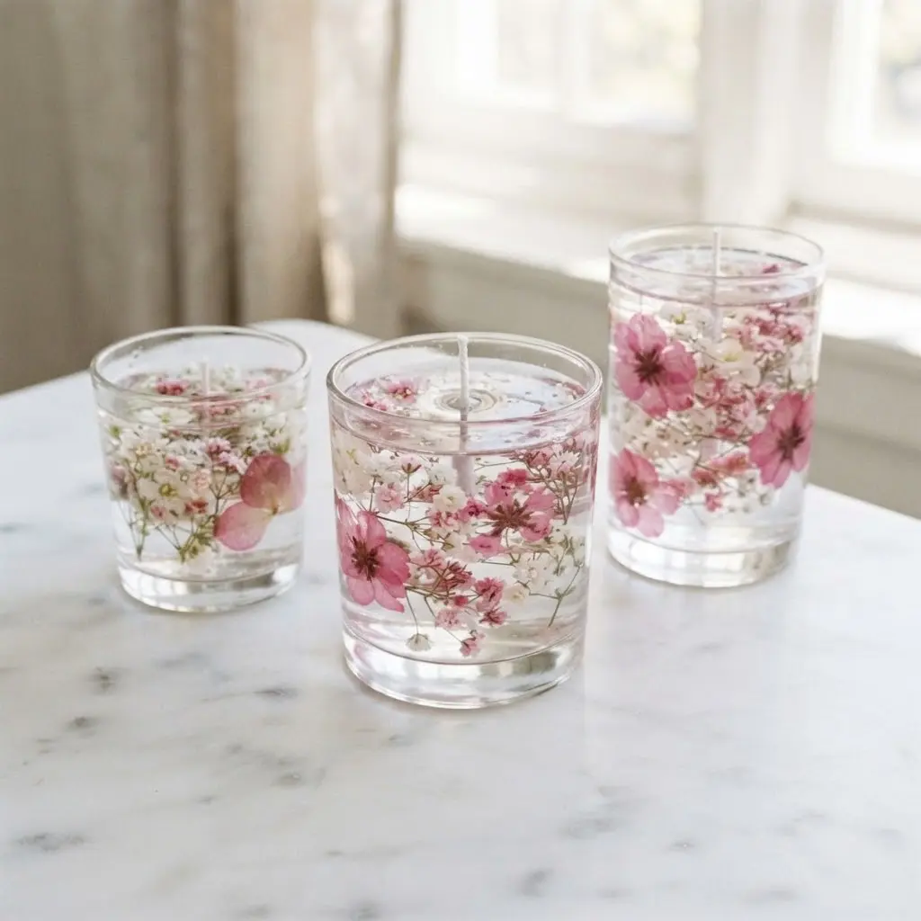Bubble floral gel candleS in a clear glass jarS fully packed with pink and white dried flowers on marble.