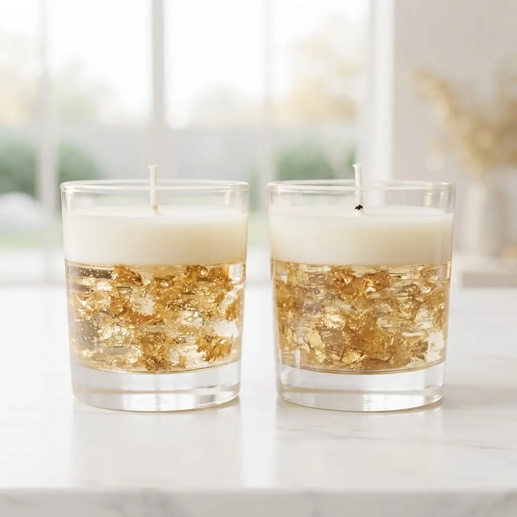 Two gold flake gel candle tumblers with white wax tops side by side on a dark moody surface.
