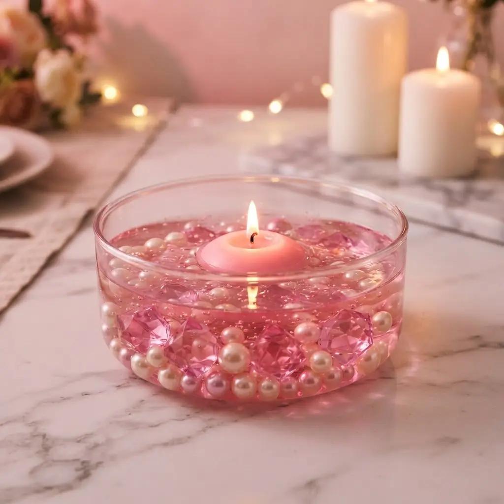 Pearl and pink gem floating gel candle in a wide glass bowl with pearls and gems on a marble surface.