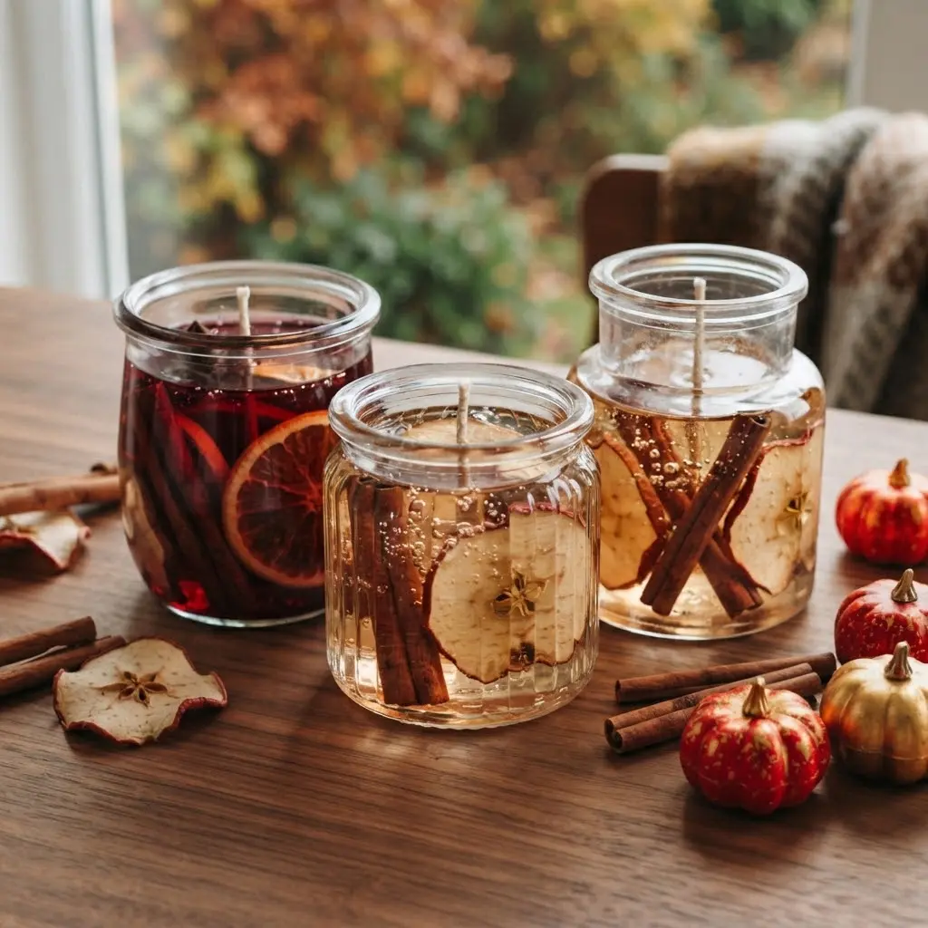 Fall botanicals gel candle jars with cinnamon sticks and apple slices in amber gel wax grouped on a stone surface.