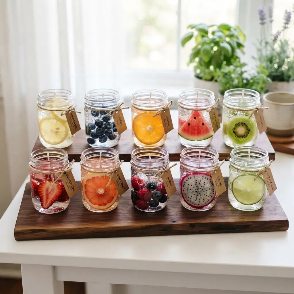 Row of fruity summer gel candle jars with fruit slice embeds in clear wax arranged on a wooden board.