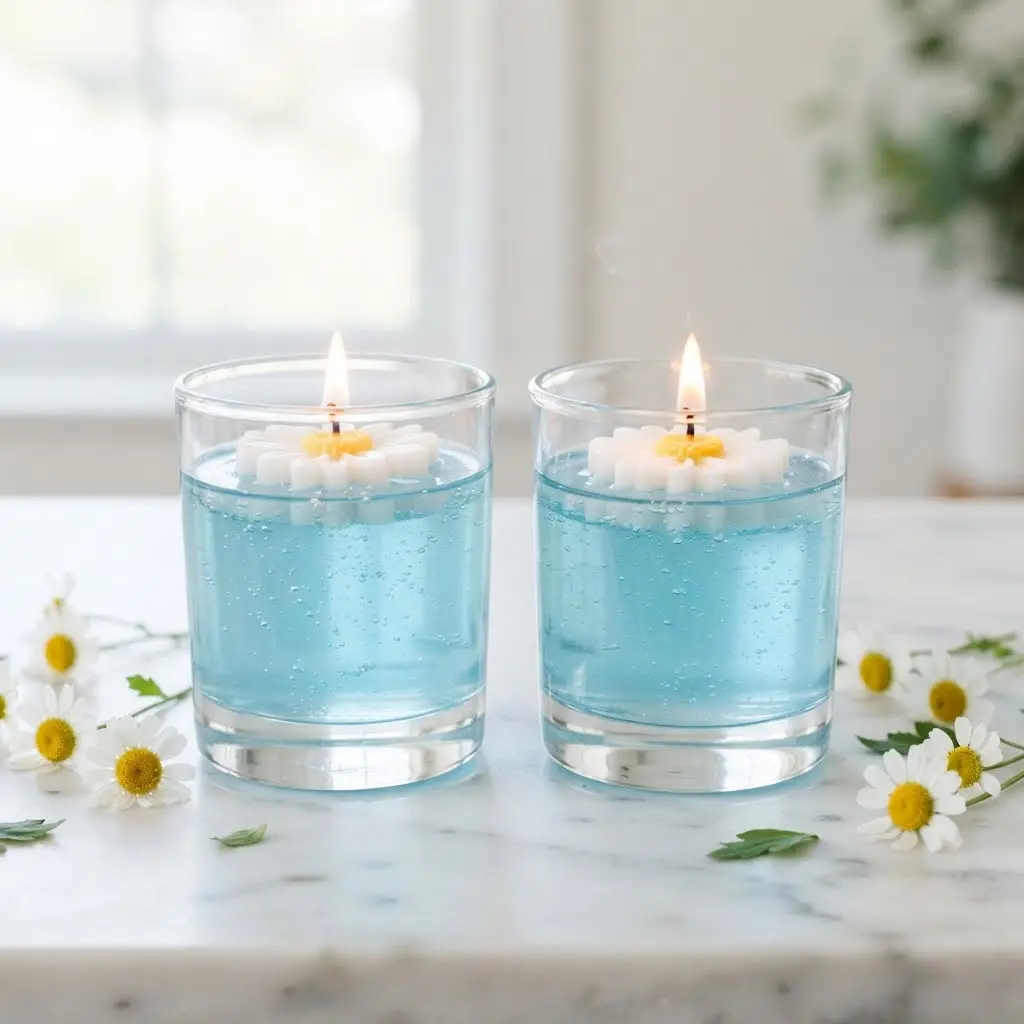 Daisy float gel candles with a single daisy and live flame in pale blue gel wax on a white marble surface.