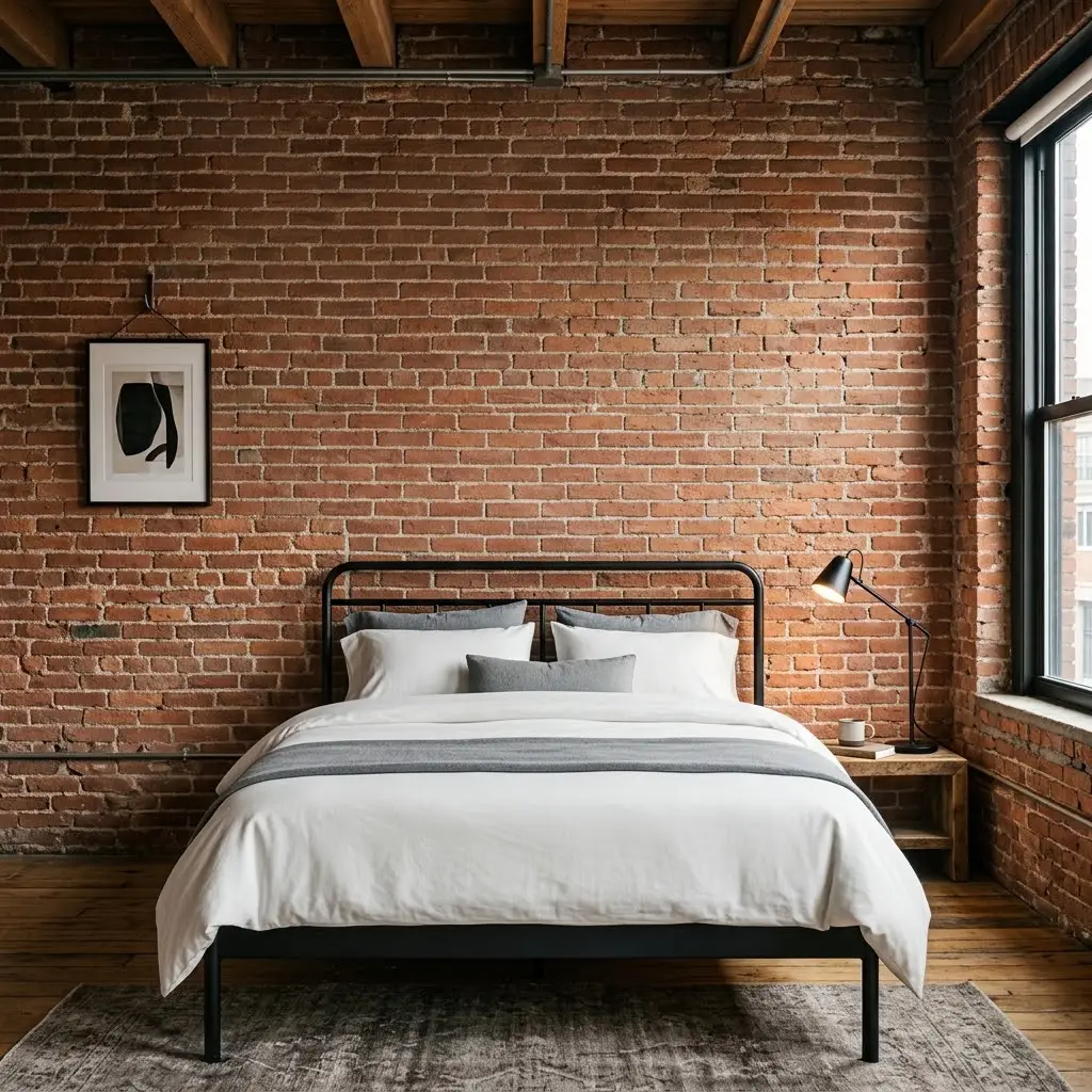Modern industrial bedroom with a warm exposed brick feature wall, layered bedding, and black wall sconces.