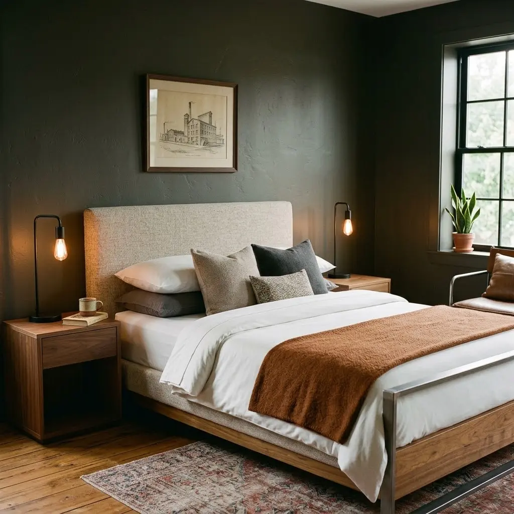 Industrial bedroom with deep charcoal walls, ivory bedding, a warm oak nightstand, and soft bedside lighting.