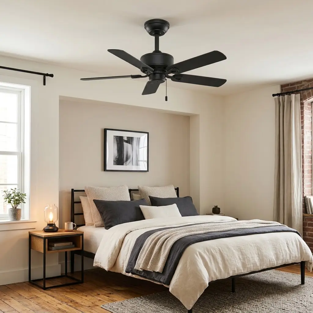 Modern industrial bedroom featuring a matte-black ceiling fan above a cozy bed with neutral bedding.