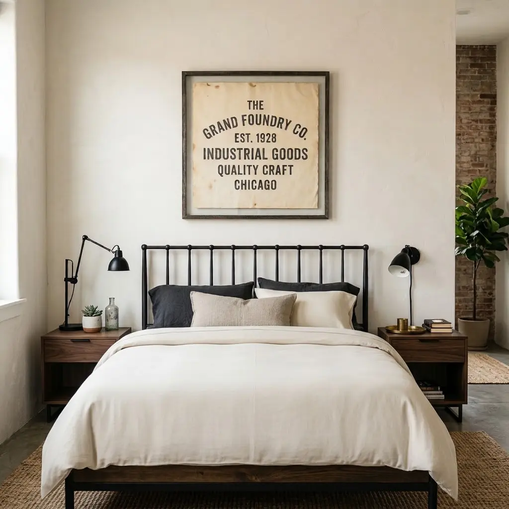 Industrial bedroom with vintage-style typography artwork above a bed with charcoal and ivory bedding.