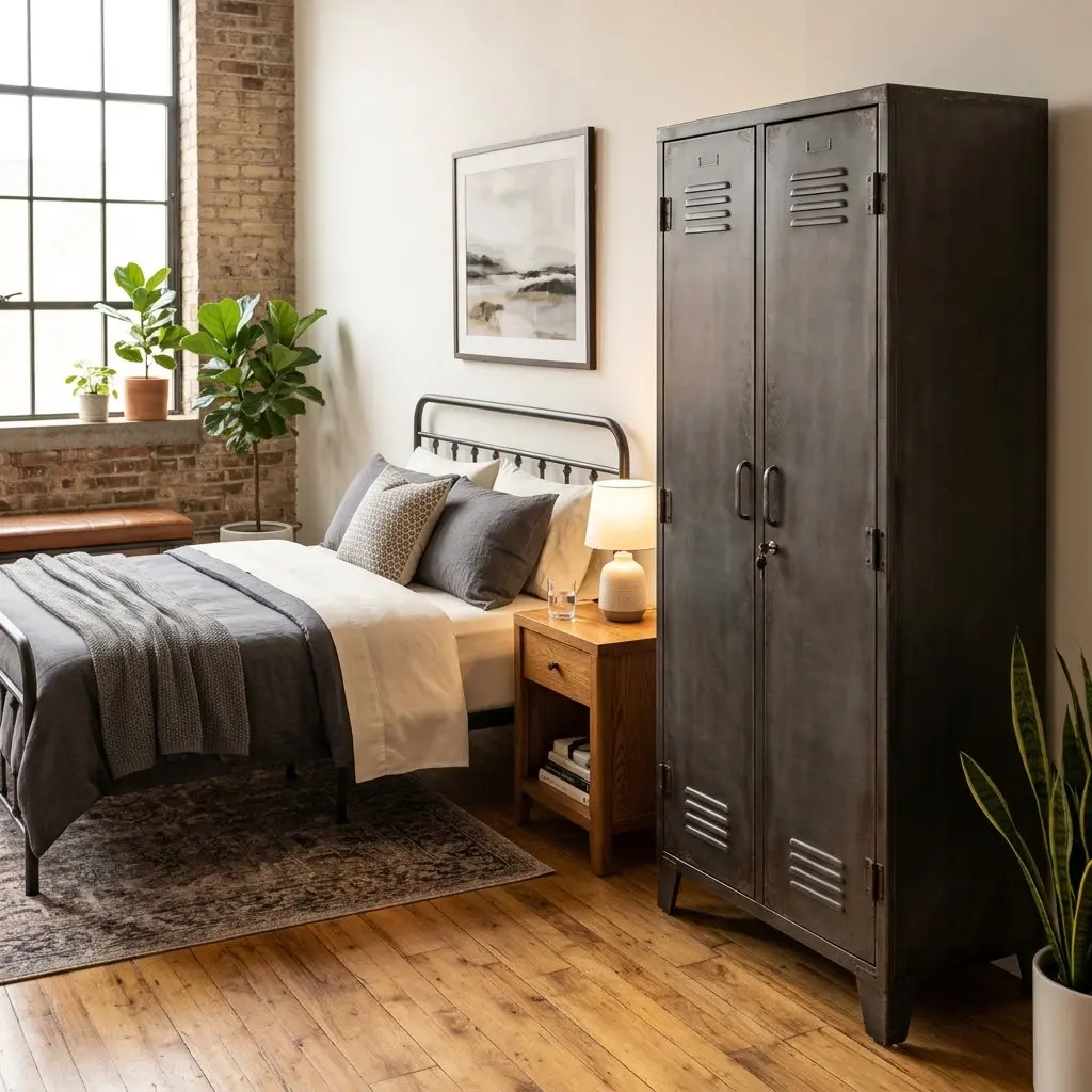 Modern industrial bedroom with a freestanding dark metal locker, warm wood flooring, and soft neutral bedding.