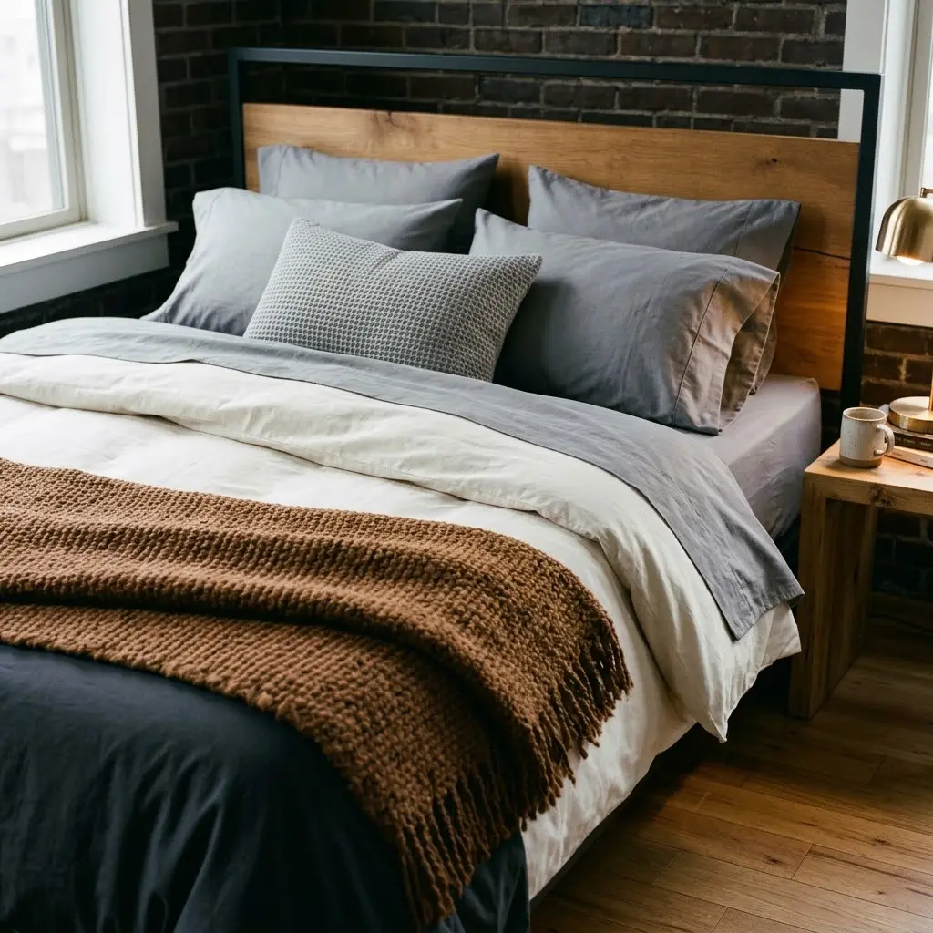 Industrial bedroom with layered charcoal linen, an ivory duvet, and a textured rust-brown knitted blanket.