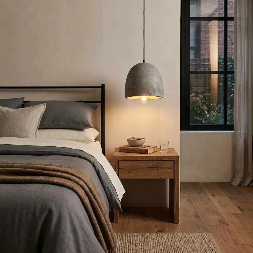 Modern industrial bedroom featuring a sculptural concrete pendant light beside a bed with soft neutral bedding.