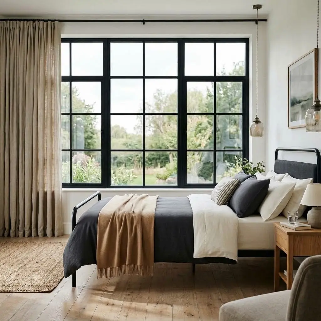 Industrial bedroom with tall black steel-framed grid windows, linen curtains, a cozy bed, and natural oak flooring.